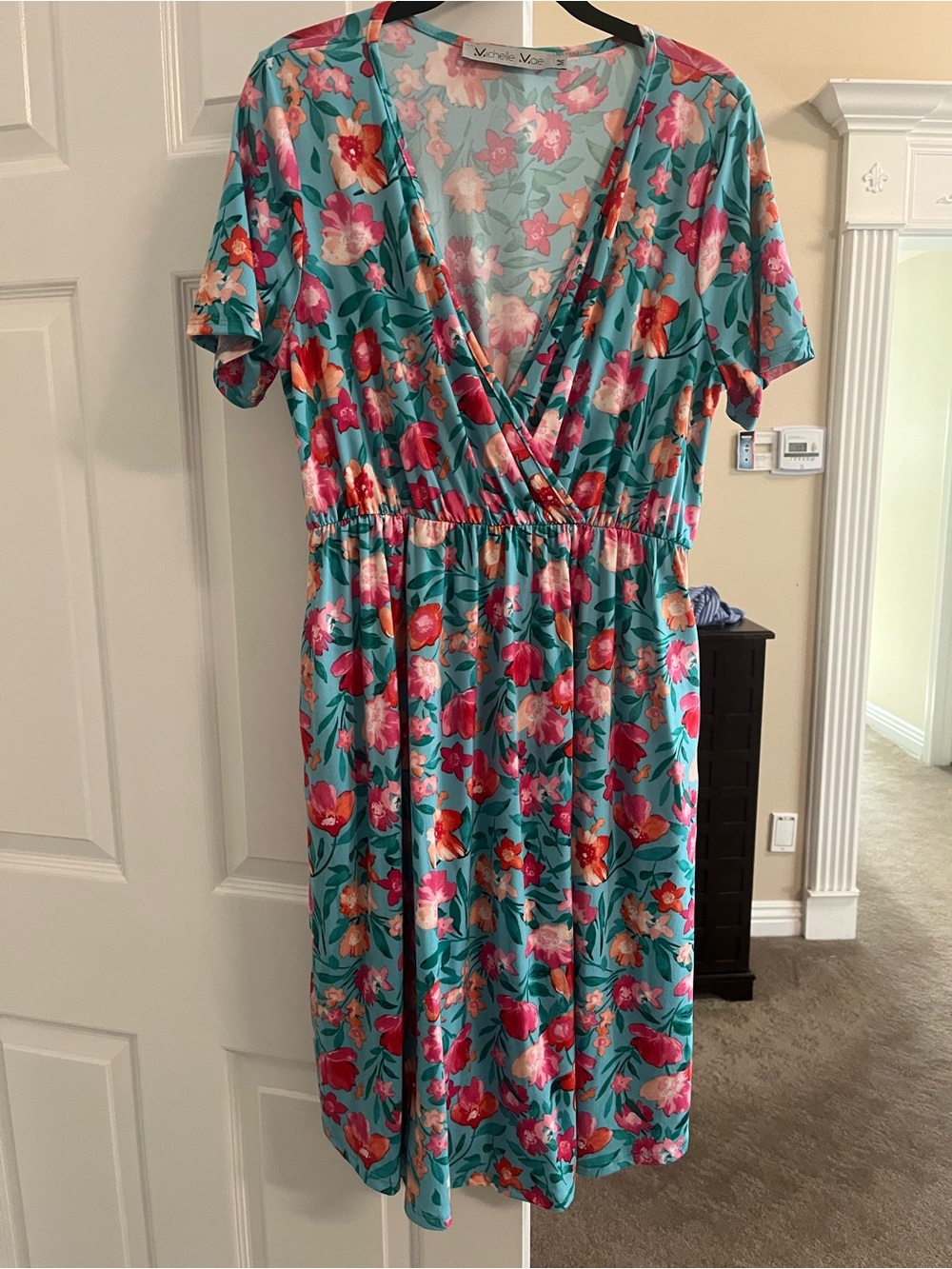 Michelle Mae Tinley Floral Wrap-Front Teal Women's Dress with Pockets